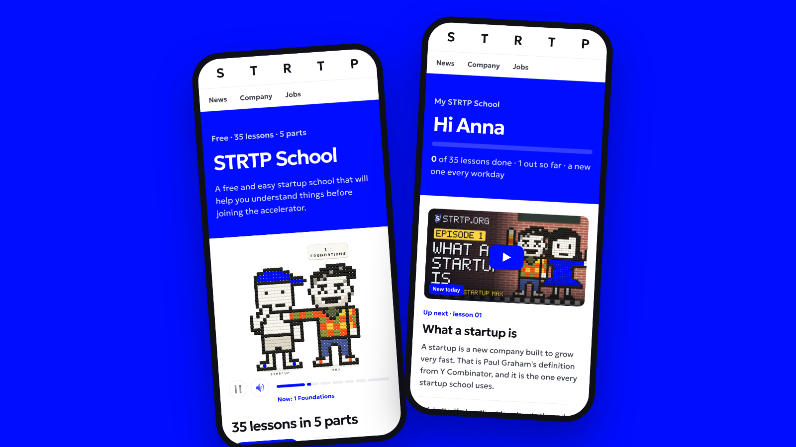 Two phones with STRTP School: the school page with Startup Max, and a learner's own page with lesson 1